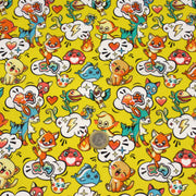 Tissu cotonnade KAWAII aux animaux souriants, fond jaune - OEKO - TEX - TissusPapi.com