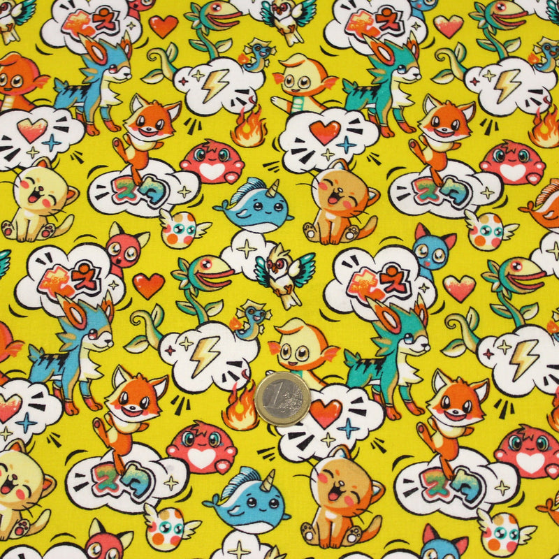 Tissu cotonnade KAWAII aux animaux souriants, fond jaune - OEKO - TEX - TissusPapi.com
