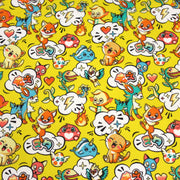 Tissu cotonnade KAWAII aux animaux souriants, fond jaune - OEKO - TEX - TissusPapi.com