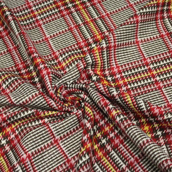 Tissu lainage Prince de Galles écru, marron, rouge, jaune & fil lurex - Fabrication italienne