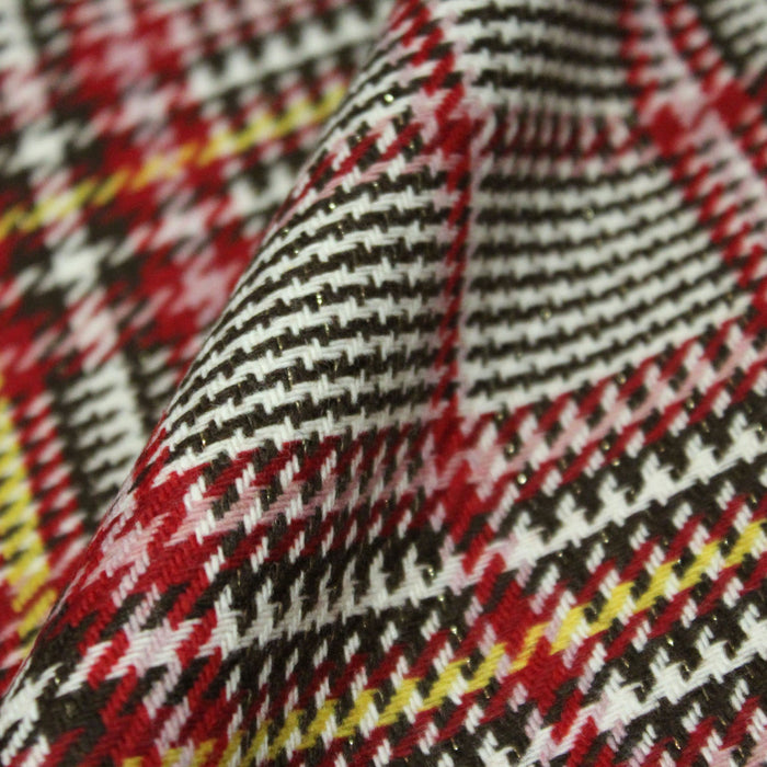 Tissu lainage Prince de Galles écru, marron, rouge, jaune & fil lurex - Fabrication italienne - tissuspapi