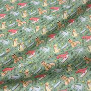 Tissu de coton Dinosaure music lover, fond vert sauge - Oeko - Tex - TissusPapi.com