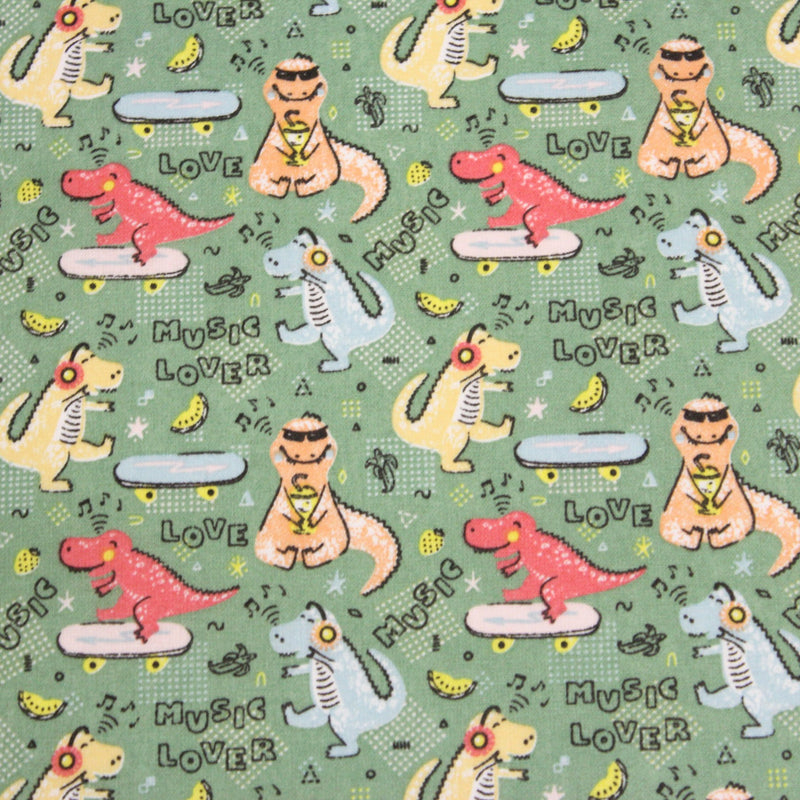 Tissu de coton Dinosaure music lover, fond vert sauge - Oeko - Tex - TissusPapi.com