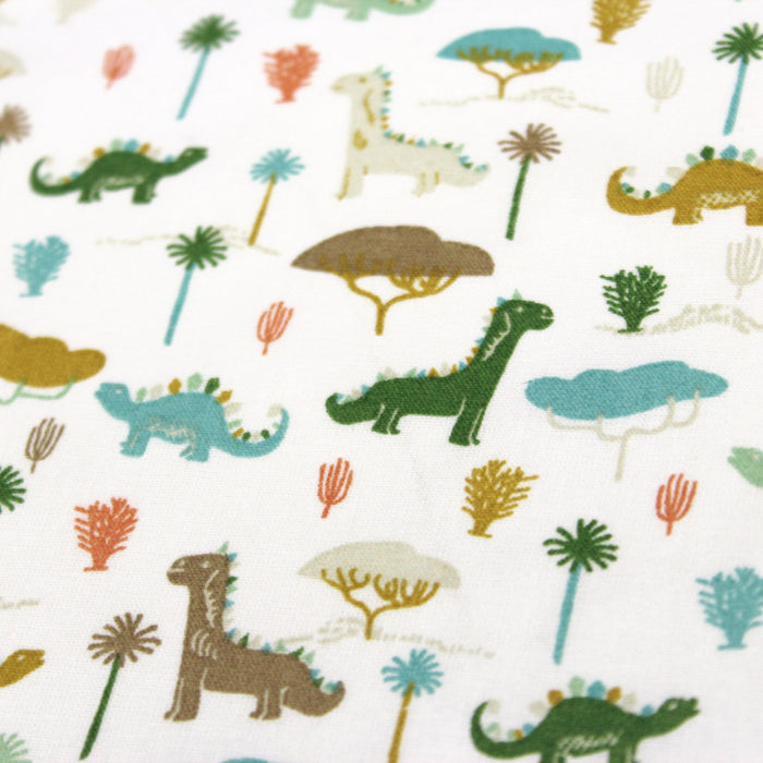 Tissu de coton les dinosaures & les arbres, fond blanc - Oeko-Tex - tissuspapi