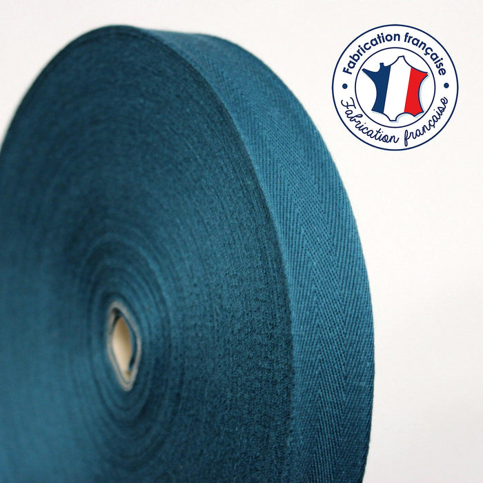 Ruban sergé de coton bleu canard 23,5mm - Galette de 50 mètres - Fabrication française - tissuspapi