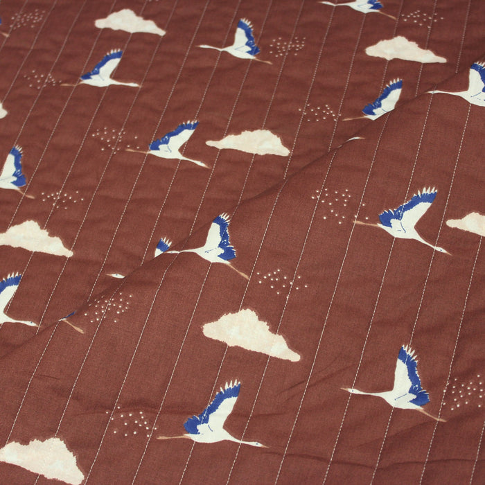 Tissu Matelassé coton motif japonais des grues tsuru, tons brique et bleus - Oeko-Tex - tissuspapi