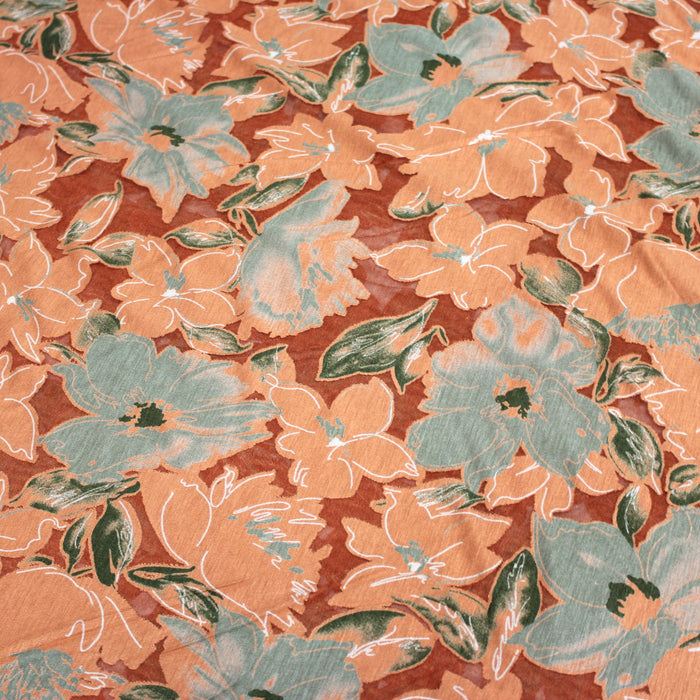 Tissu Jersey de viscose orange rouille aux fleurs vert amande & corail - tissuspapi