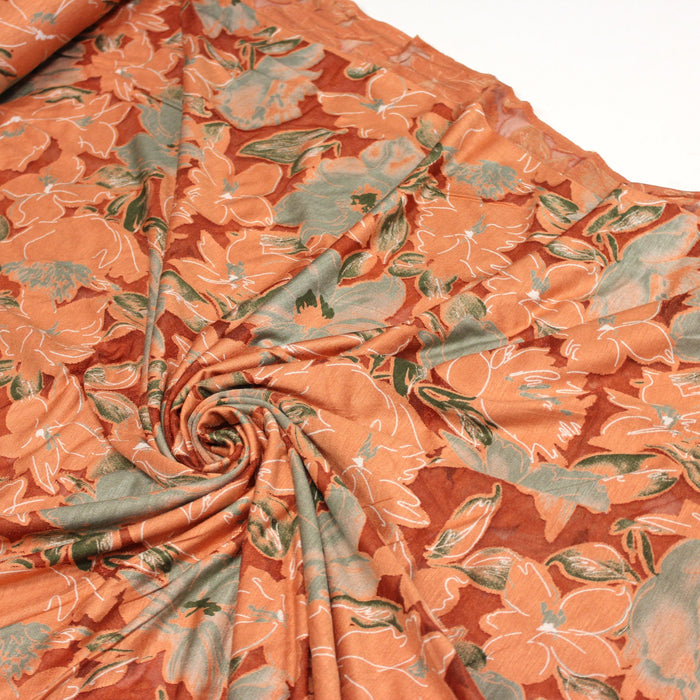 Tissu Jersey de viscose orange rouille aux fleurs vert amande & corail - tissuspapi