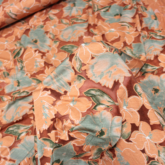 Tissu Jersey de viscose orange rouille aux fleurs vert amande & corail - tissuspapi