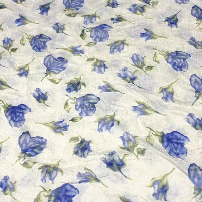 Tissu froissé polyester écru aux fleurs bleues - tissuspapi