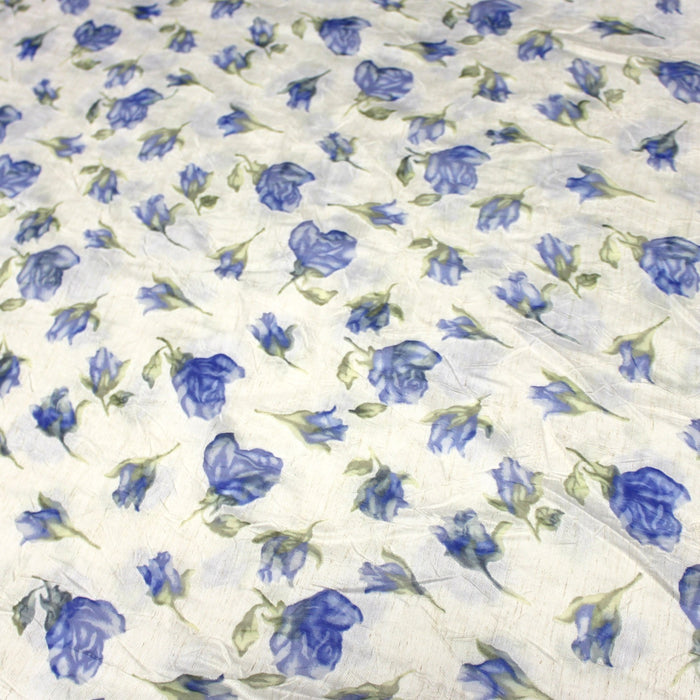 Tissu froissé polyester écru aux fleurs bleues - tissuspapi