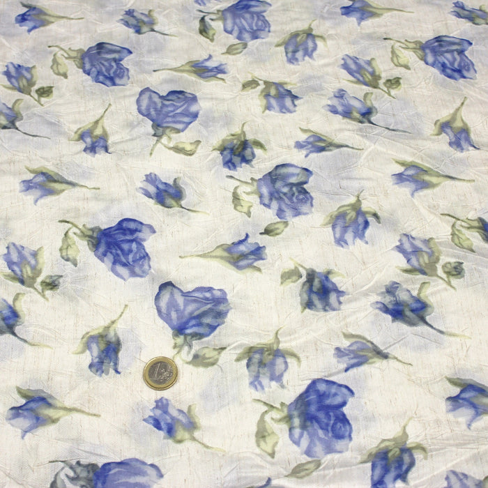 Tissu froissé polyester écru aux fleurs bleues - tissuspapi