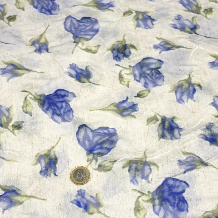 Tissu froissé polyester écru aux fleurs bleues - tissuspapi