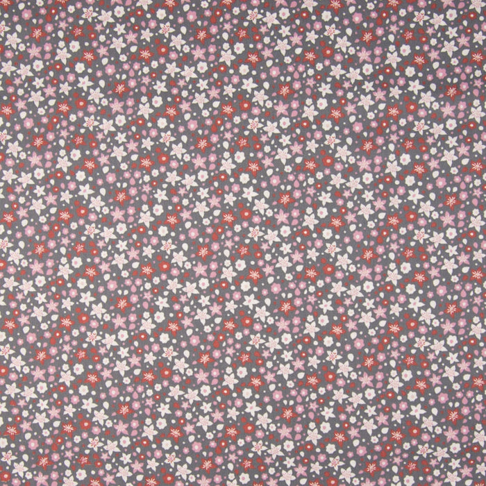 Tissu popeline de coton fleuri gris aux fleurs roses, rouille et blanches - tissuspapi