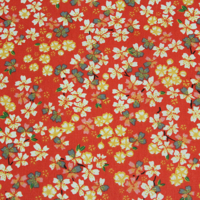 Tissu de coton japonais fleuri aux tons rouges et blanches - Oeko-Tex - tissuspapi