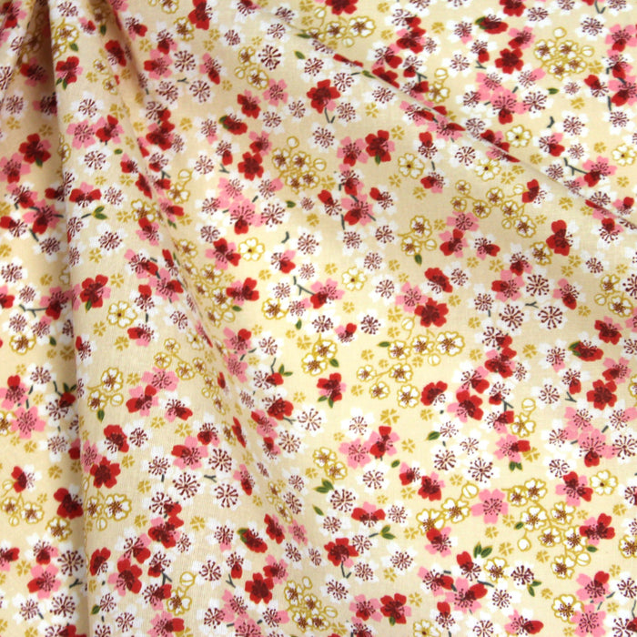 Tissu de coton japonais fleuri aux tons écrus et roses - Oeko-Tex - tissuspapi
