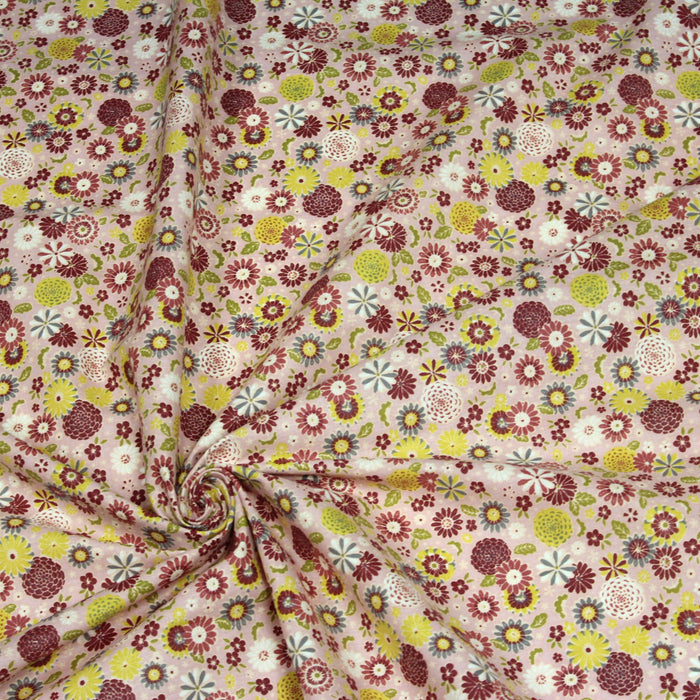 Tissu de coton japonais fleuri rose aux fleurs jaunes, grises et bordeaux - Oeko-Tex - tissuspapi
