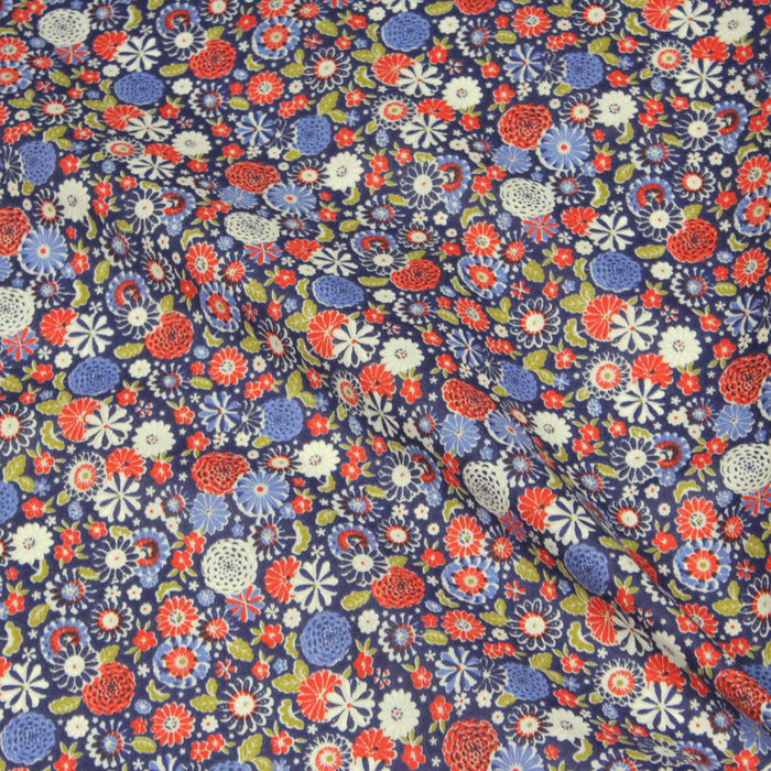 Tissu de coton japonais fleuri bleu aux fleurs rouges, blanches et ocres - Oeko-Tex - tissuspapi