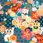 Tissu cotonnade motif traditionnel japonais au chat porte bonheur maneki - neko & fleurs - Le tissu parfait pour les furoshiki ! - TissusPapi.com