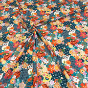 Tissu cotonnade motif traditionnel japonais au chat porte bonheur maneki - neko & fleurs - Le tissu parfait pour les furoshiki ! - TissusPapi.com