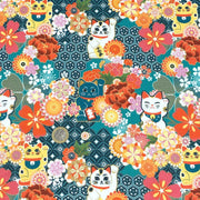 Tissu cotonnade motif traditionnel japonais au chat porte bonheur maneki - neko & fleurs - Le tissu parfait pour les furoshiki ! - TissusPapi.com