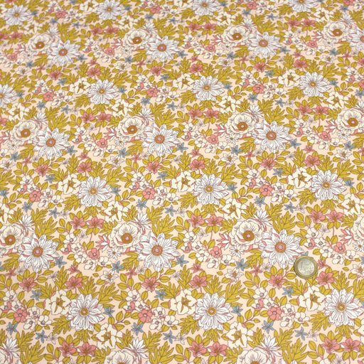 Tissu de coton fleuri seventies aux tons roses, collection LOLITA - OEKO-TEX® - tissuspapi