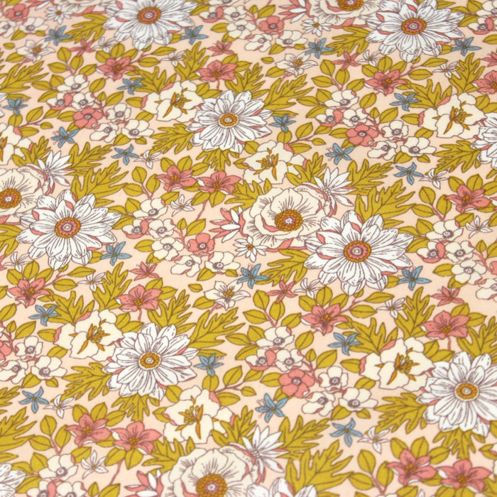 Tissu de coton fleuri seventies aux tons roses, collection LOLITA - OEKO-TEX® - tissuspapi