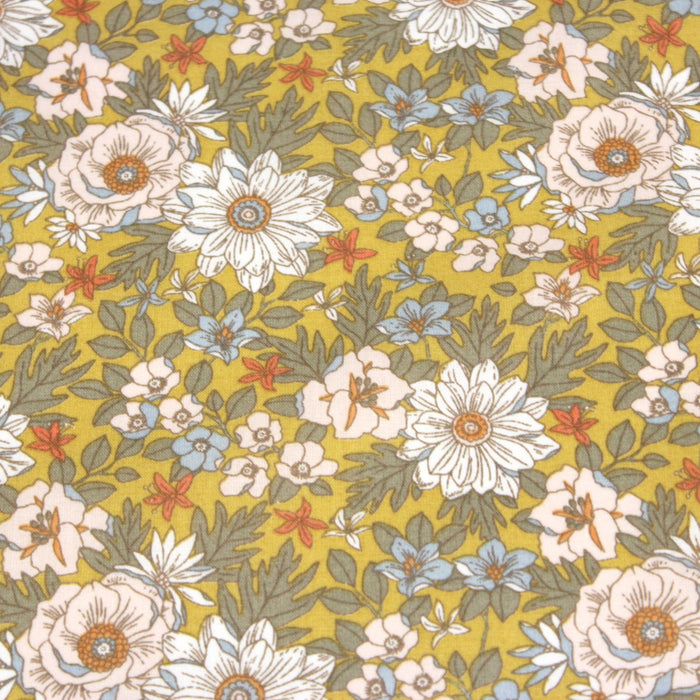 Tissu de coton fleuri seventies aux tons jaunes, collection LOLITA - OEKO-TEX® - tissuspapi