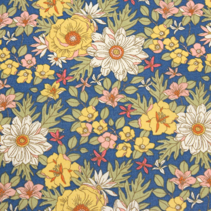 Tissu de coton fleuri seventies aux tons bleus, collection LOLITA - OEKO-TEX® - tissuspapi