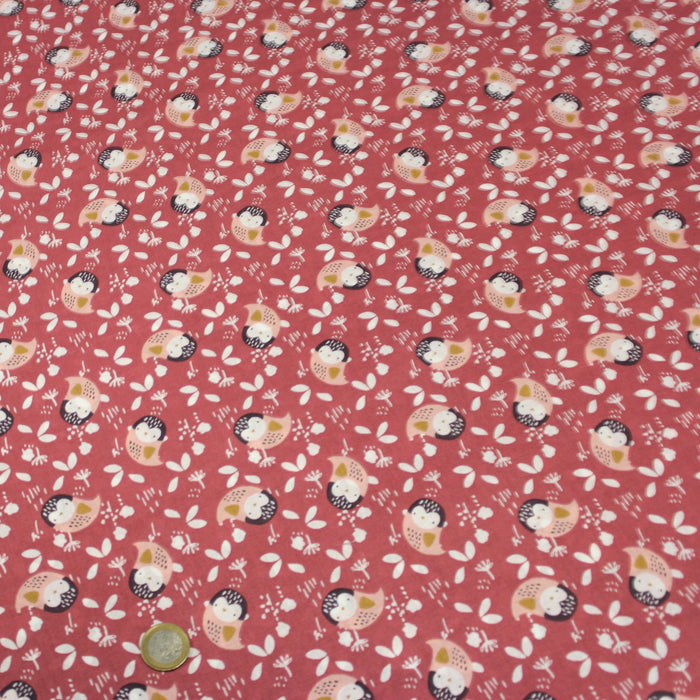 Tissu de coton KAWAII rose byzantin aux chouettes roses & ocres - OEKO-TEX® - tissuspapi