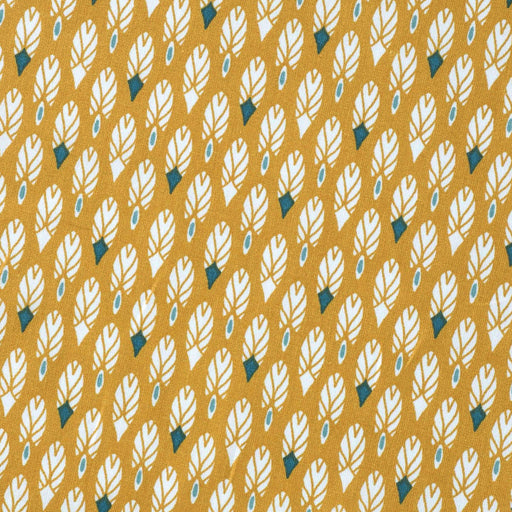 Tissu de coton aux plumes blanches et vertes, fond jaune moutarde - OEKO-TEX® - tissuspapi