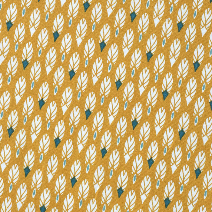 Tissu de coton aux plumes blanches et vertes, fond jaune moutarde - OEKO-TEX® - tissuspapi