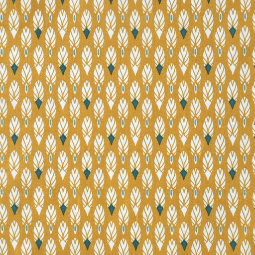 Tissu de coton aux plumes blanches et vertes, fond jaune moutarde - OEKO-TEX® - tissuspapi