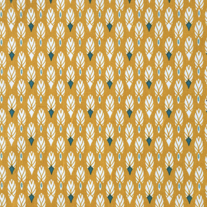 Tissu de coton aux plumes blanches et vertes, fond jaune moutarde - OEKO-TEX® - tissuspapi