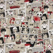Tissu de coton façon lin motif MANGA japonais, tons rouges et blancs - OEKO-TEX® - TissusPapi.com