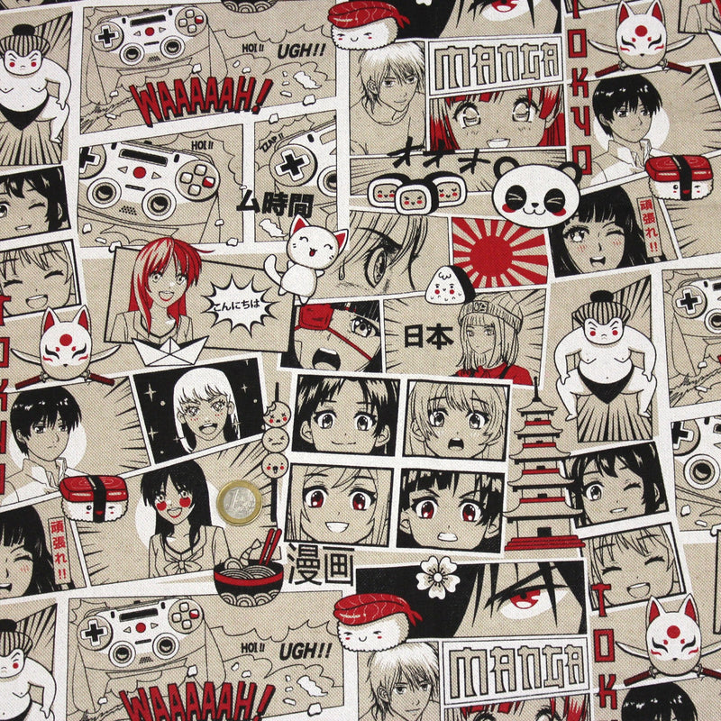 Tissu de coton façon lin motif MANGA japonais, tons rouges et blancs - OEKO-TEX® - TissusPapi.com