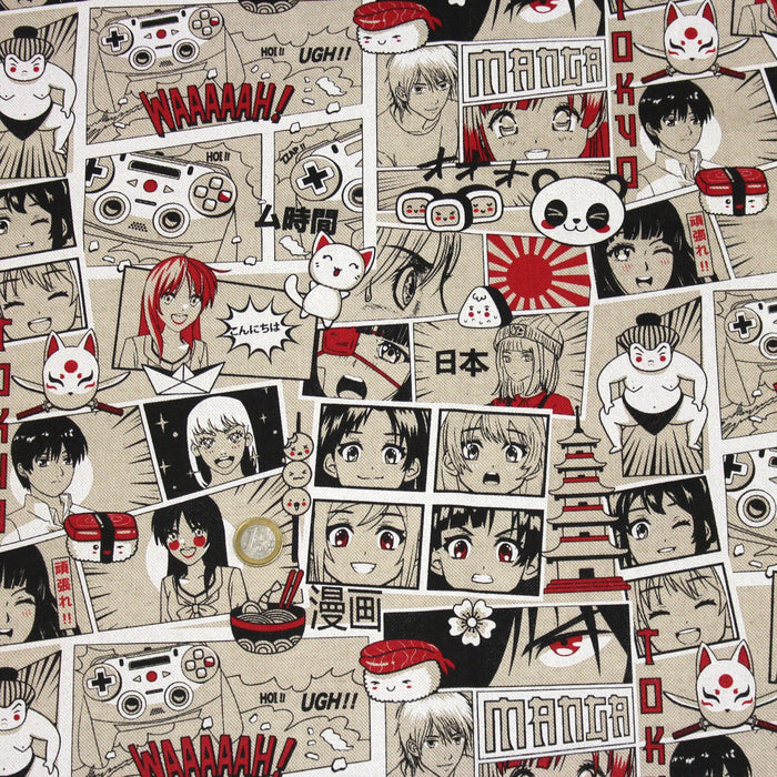 Tissu de coton façon lin motif MANGA japonais, tons rouges et blancs - OEKO-TEX® - tissuspapi