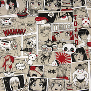 Tissu de coton façon lin motif MANGA japonais, tons rouges et blancs - OEKO-TEX® - TissusPapi.com