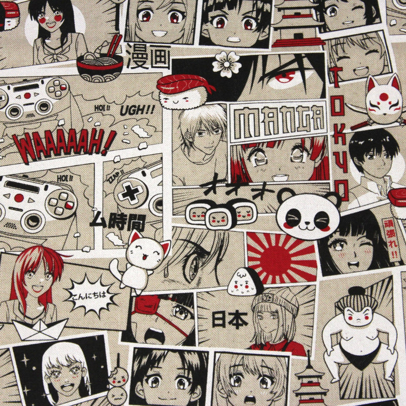 Tissu de coton façon lin motif MANGA japonais, tons rouges et blancs - OEKO-TEX® - TissusPapi.com