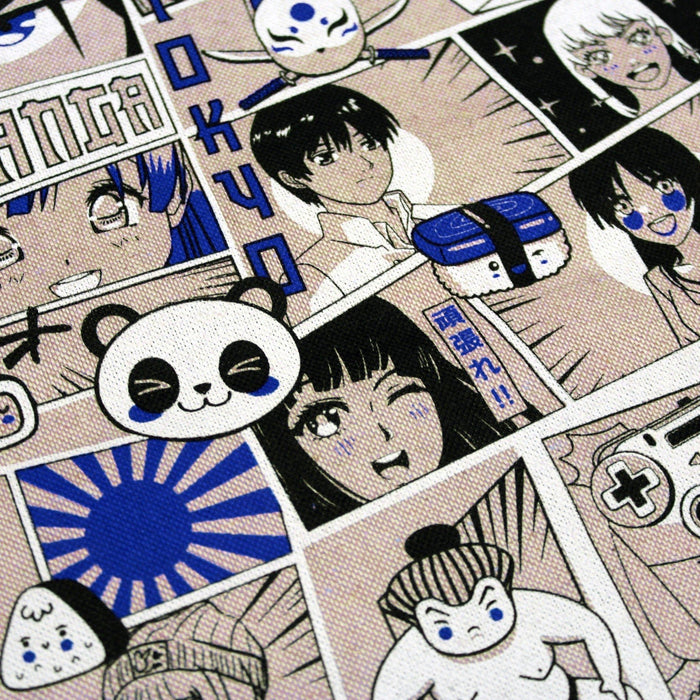 Tissu de coton façon lin motif MANGA japonais, tons bleus et blancs - OEKO-TEX® - TissusPapi.com