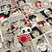 Tissu de coton façon lin motif MANGA japonais, tons rouges et blancs - OEKO-TEX® - TissusPapi.com