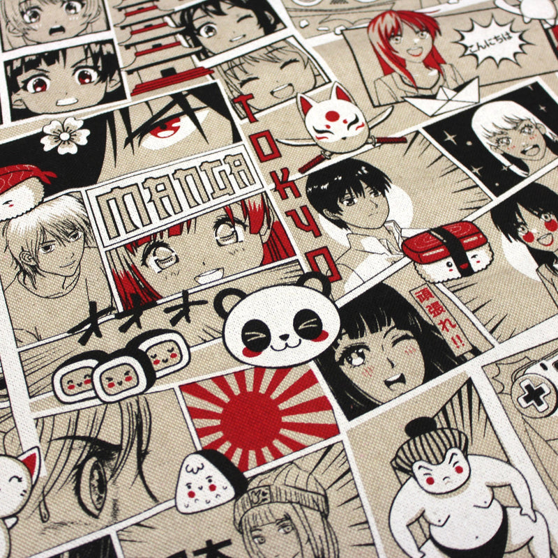 Tissu de coton façon lin motif MANGA japonais, tons rouges et blancs - OEKO-TEX® - TissusPapi.com
