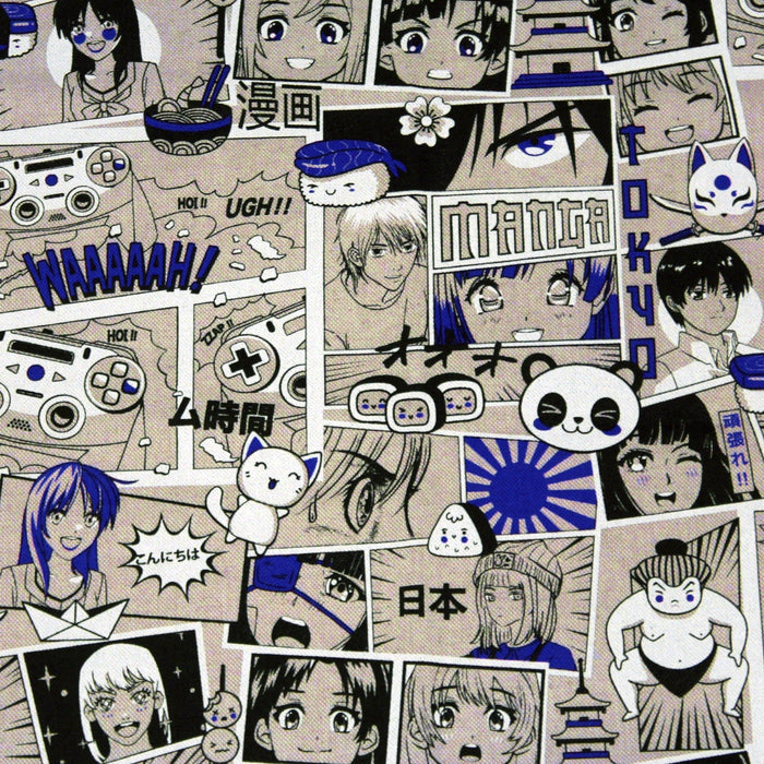 Tissu de coton façon lin motif MANGA japonais, tons bleus et blancs - OEKO-TEX® - TissusPapi.com