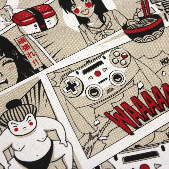 Tissu de coton façon lin motif MANGA japonais, tons rouges et blancs - OEKO-TEX® - tissuspapi