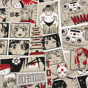 Tissu de coton façon lin motif MANGA japonais, tons rouges et blancs - OEKO-TEX® - TissusPapi.com