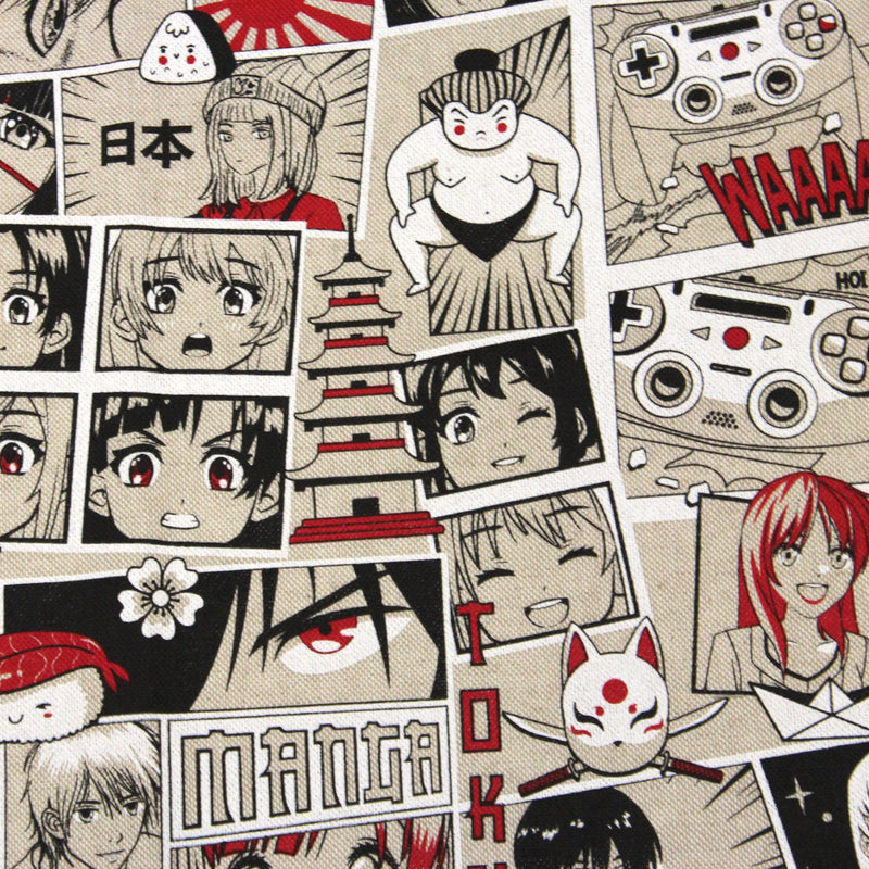 Tissu de coton façon lin motif MANGA japonais, tons rouges et blancs - OEKO-TEX® - TissusPapi.com