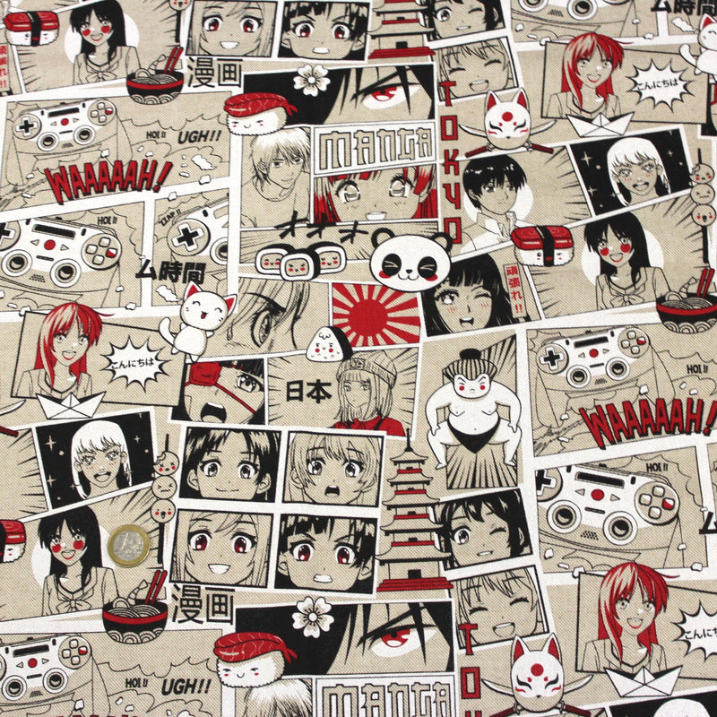 Tissu de coton façon lin motif MANGA japonais, tons rouges et blancs - OEKO-TEX® - TissusPapi.com