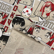 Tissu de coton façon lin motif MANGA japonais, tons rouges et blancs - OEKO-TEX® - TissusPapi.com