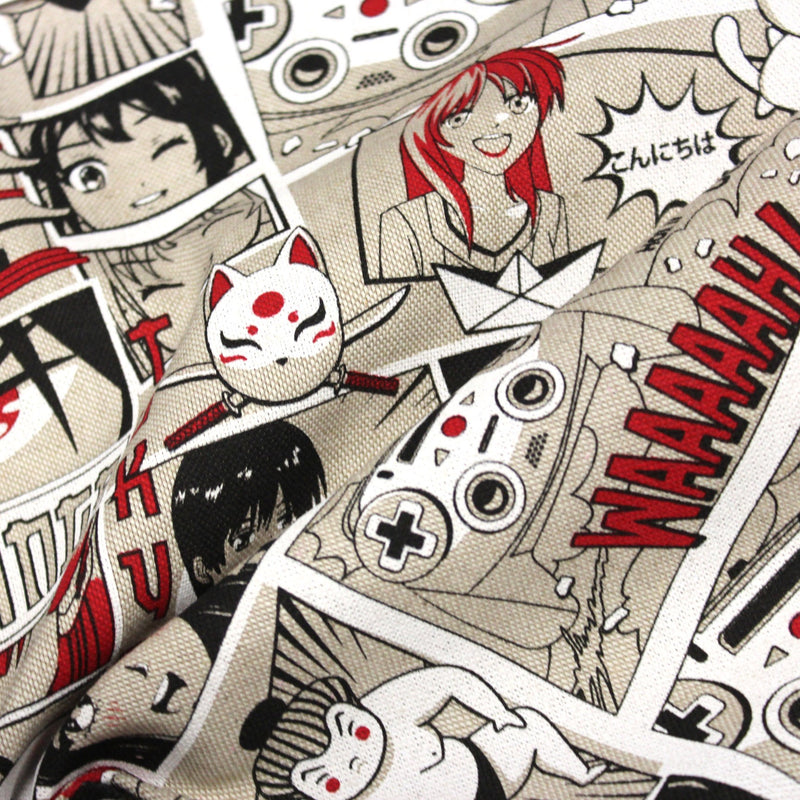 Tissu de coton façon lin motif MANGA japonais, tons rouges et blancs - OEKO-TEX® - TissusPapi.com