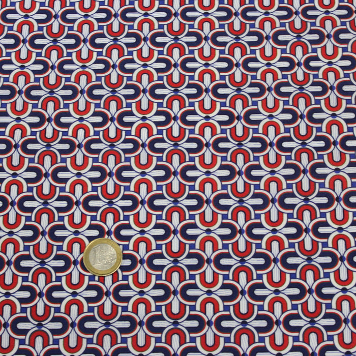 Tissu Microfibre de viscose motif géométrique art déco bleu blanc rouge - tissuspapi